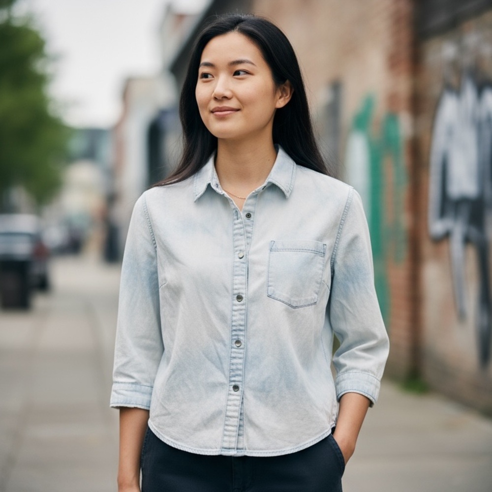 Forever 21 Stone Wash Button-Up Shirt | Women’s Medium | Light Denim Look